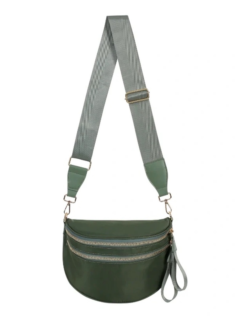 Olive Green Dual-Zip Crossbody Saddle Bag with Wide Strap